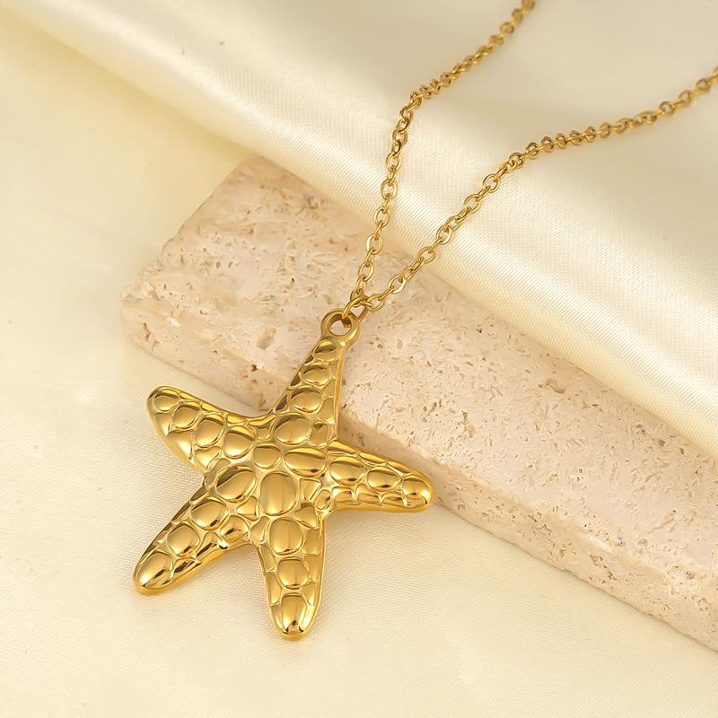 Stainless Steel Starfish Conch Necklace for Women Delicate Vintage Hammered Cross Pendant Necklace Casual Versatile Jewelry Gift