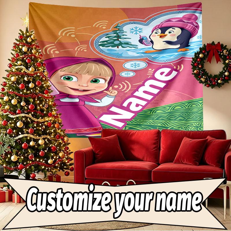 Custom Name Personalized Masha and the Bear Print Tapestry, Wall Art Decor, Bedroom, Dorm, Apartment, LivingRoom, Party Backdrop, Gift for Birthday
