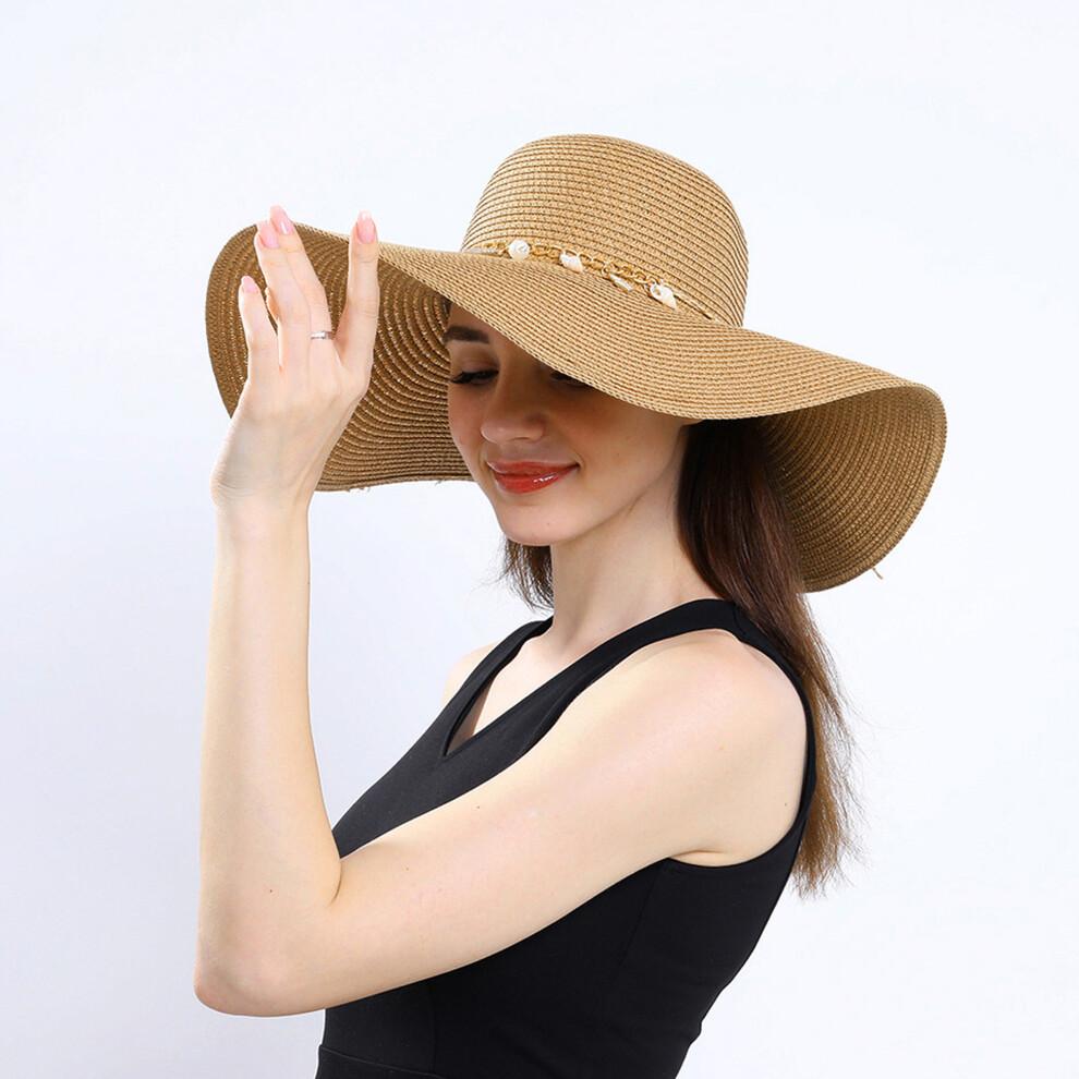 (One Size, Khaki) Women's Summer Straw Hat Large Brim Floppy Beach Cap Lightweight Sun Hat with Seashell Chain