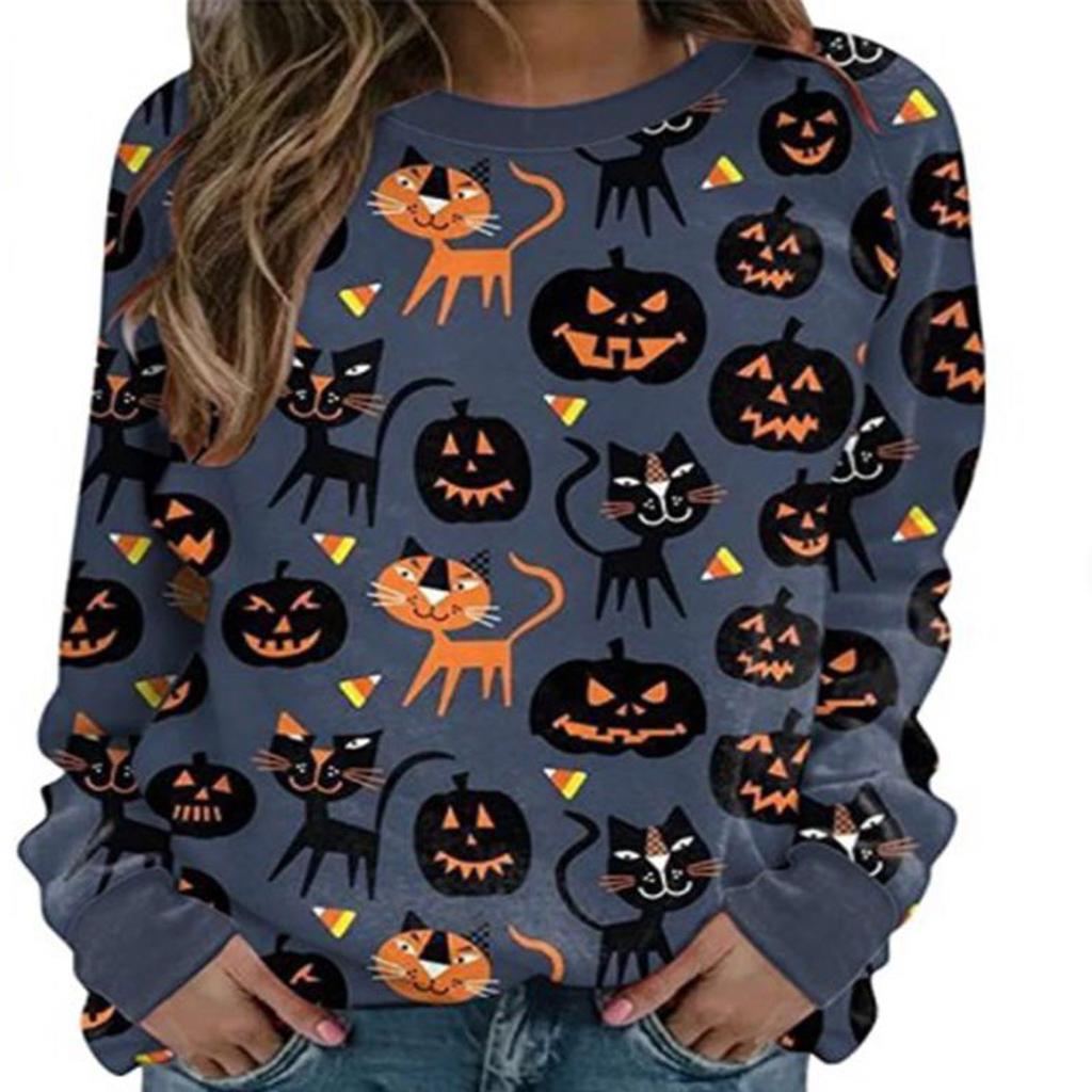 Fashion Women Halloween Print Party Round Neck Long Sleeve Socket Head Tops