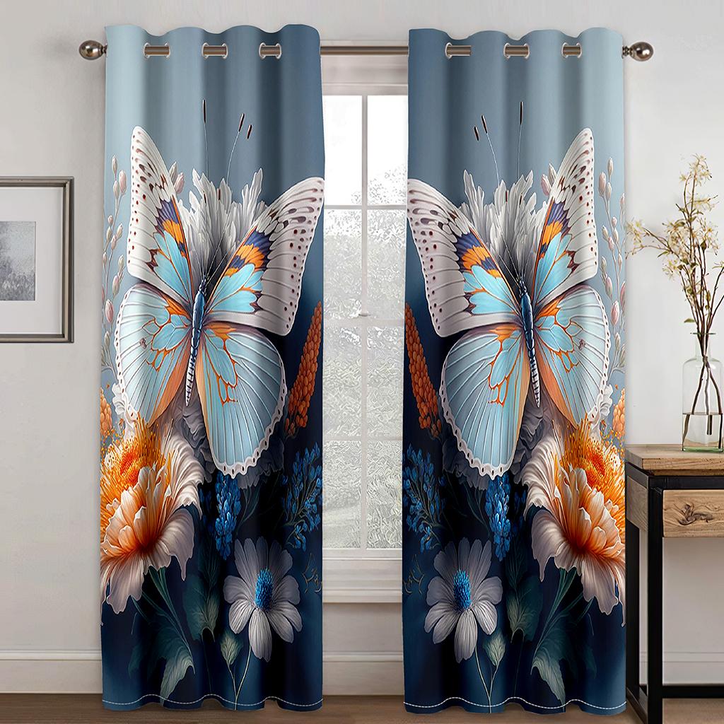 Голубая бабочка с золотым фоном, принт, шторы, 2 панели, современное искусство, яркие шторы с бабочками, гостиная, спальня, балкон, декор