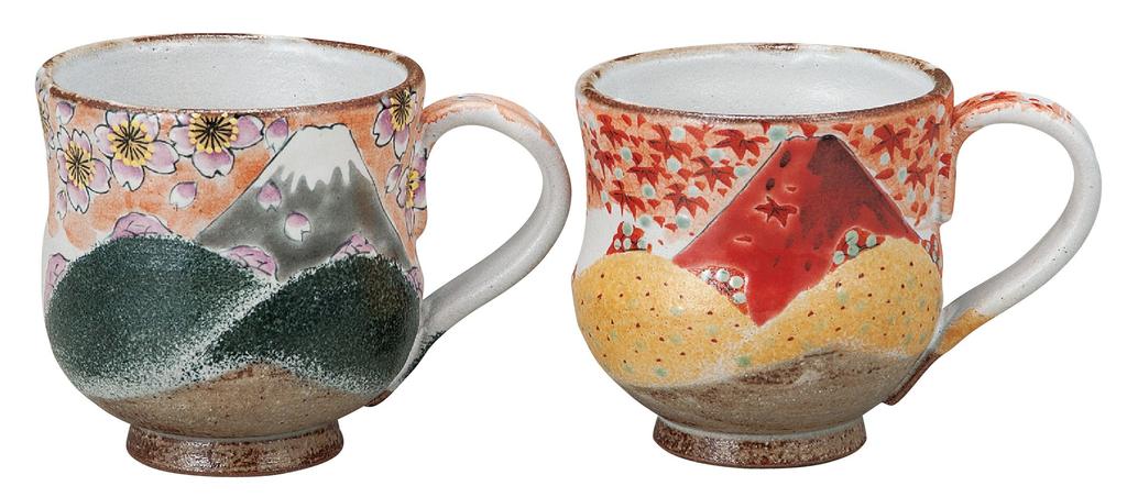 Masamine Ino Kutani Ware Mug Pair Spring Fuji Fuji/Autumn K8-964
