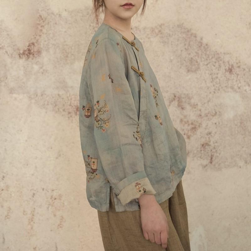 Johnature Женские винтажные рубашки с цветочным принтом, топы, весенние блузки Ramie с девятью рукавами, женские рубашки на пуговицах