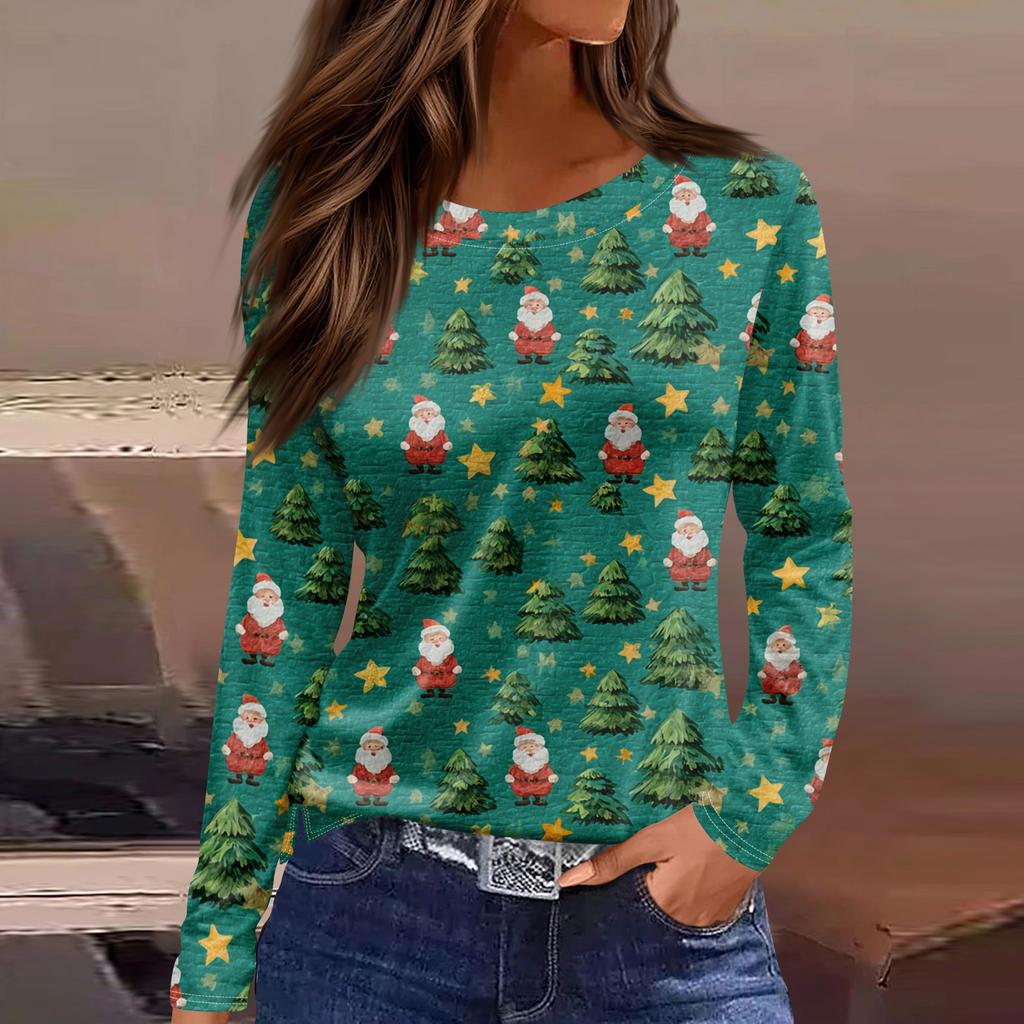 Women's Fashion Hem Slit Casual Christmas Printed Round Neck Long Sleeve Top