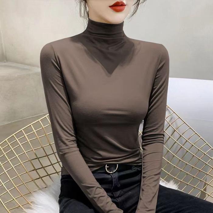 Women's Slim Fit Long Sleeve T-shirt, Double Plush, Mid-High Neck, Thickened for Autumn/Winter Warmth
