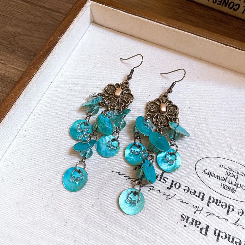 Geometric Round Shell Tassel Drop Earrings for Women French Exquisite Design Long Earring Light Luxury Fashion Jewelry VacationB