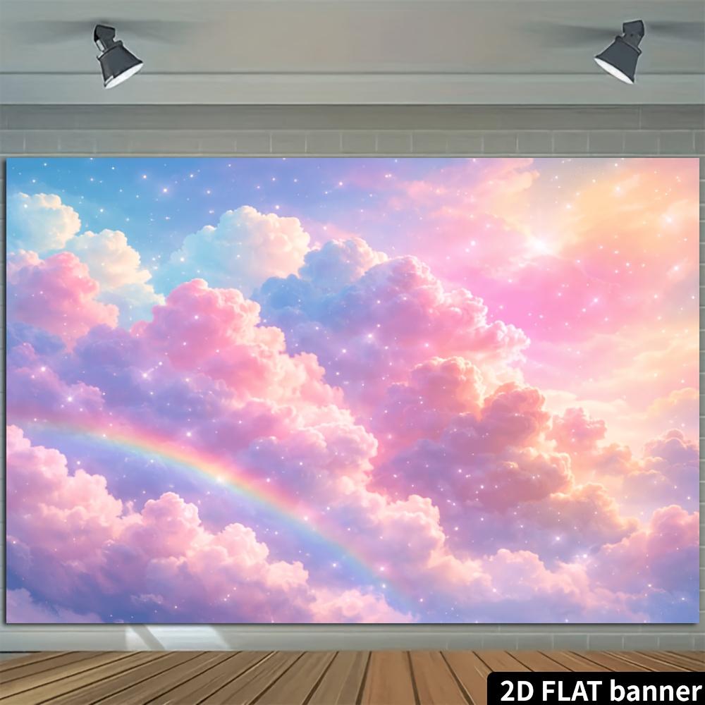 2D dreamy fairy tale background cloth pink purple cloud sea scene, rainbow, starlight embellishment and soft halo