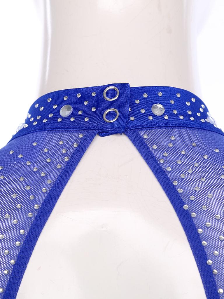 Womens Gymnastics Figure Skating Leotard Long Sleeve Sheer Mesh Sparkle Rhinestone Bodysuit