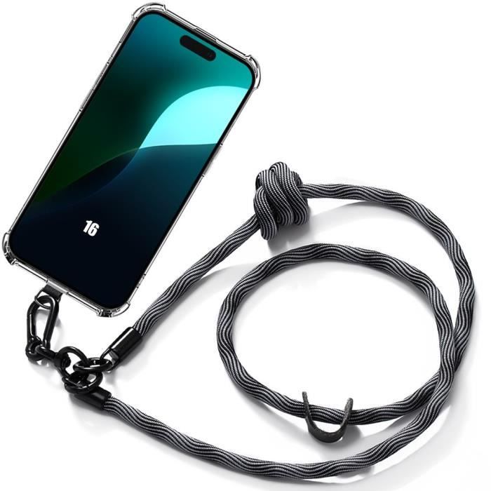 Coque Lanière - pour iPhone 16 - Protection Antichoc - Lanière Robuste - Gris - Souple