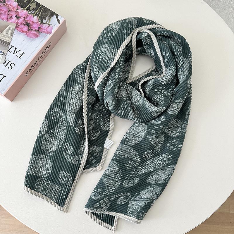 Women's Double-layer Cotton and Linen Floral Scarf Autumn and Winter Pleated Wrapped Shawl Scarf