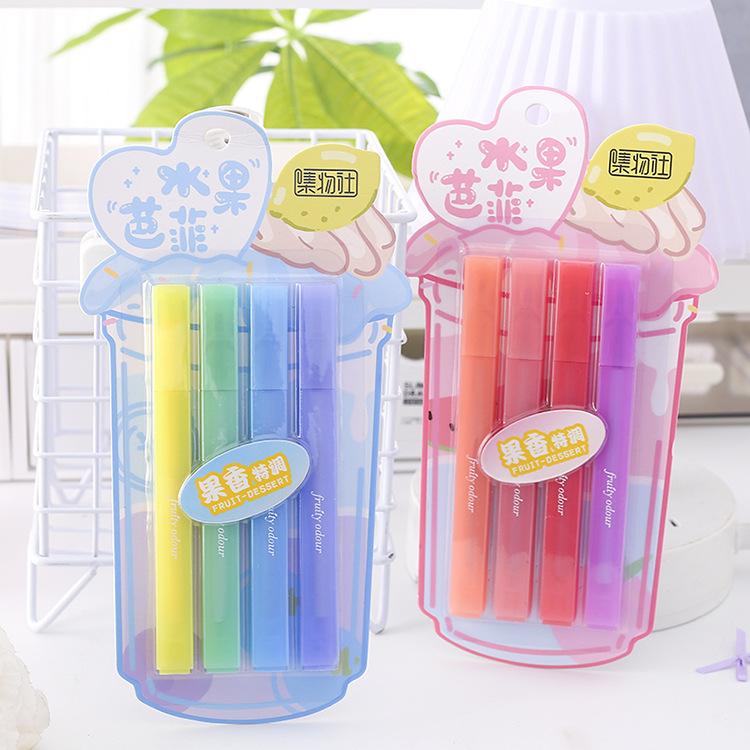 4pcs Fruity Odour Color Highlighter Pens Set Fruit Buffet Design Soft Brush Tip Marker Liner for Drawing Painting