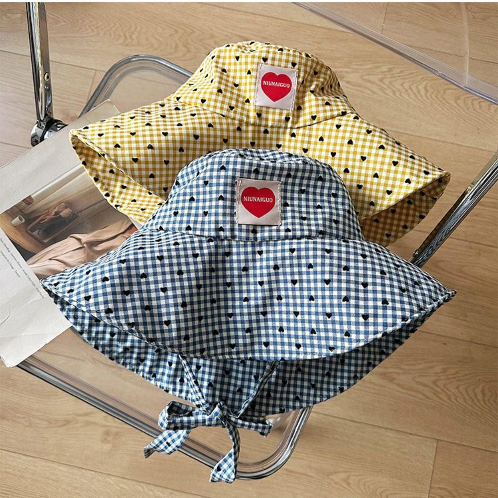 Lace Up Hiking Fisherman Hat Sun Protection Heart Printed Bucket Hat Drawstring Sun Hat Fishing