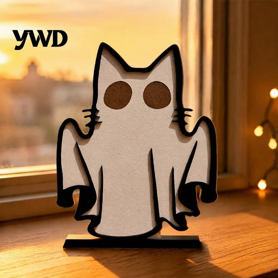 Holiday Photography Props Ghost Cat Ornament, Halloween Wooden Decoration, Spooky Cute Fall Seasonal Table Centerpieces Centerpiece for Home
