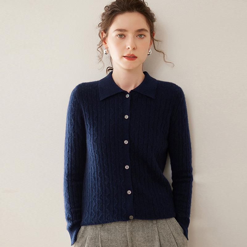 Women's Cable Knit Cashmere Cardigan - Polo Collar, Buttoned, College Style, Fall/Winter Layer