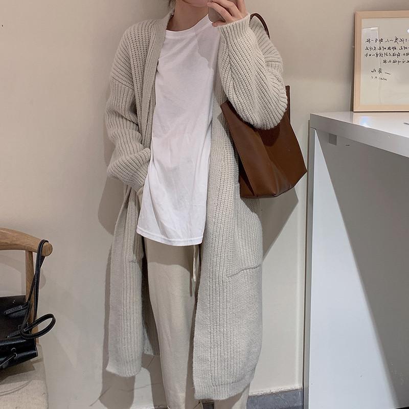 Темпераментный универсальный длинный рукав в ленивом стиле, удобный грубый свитер, свитер выше колена, осенний кардиган средней длины с большим карманом, женская одежда