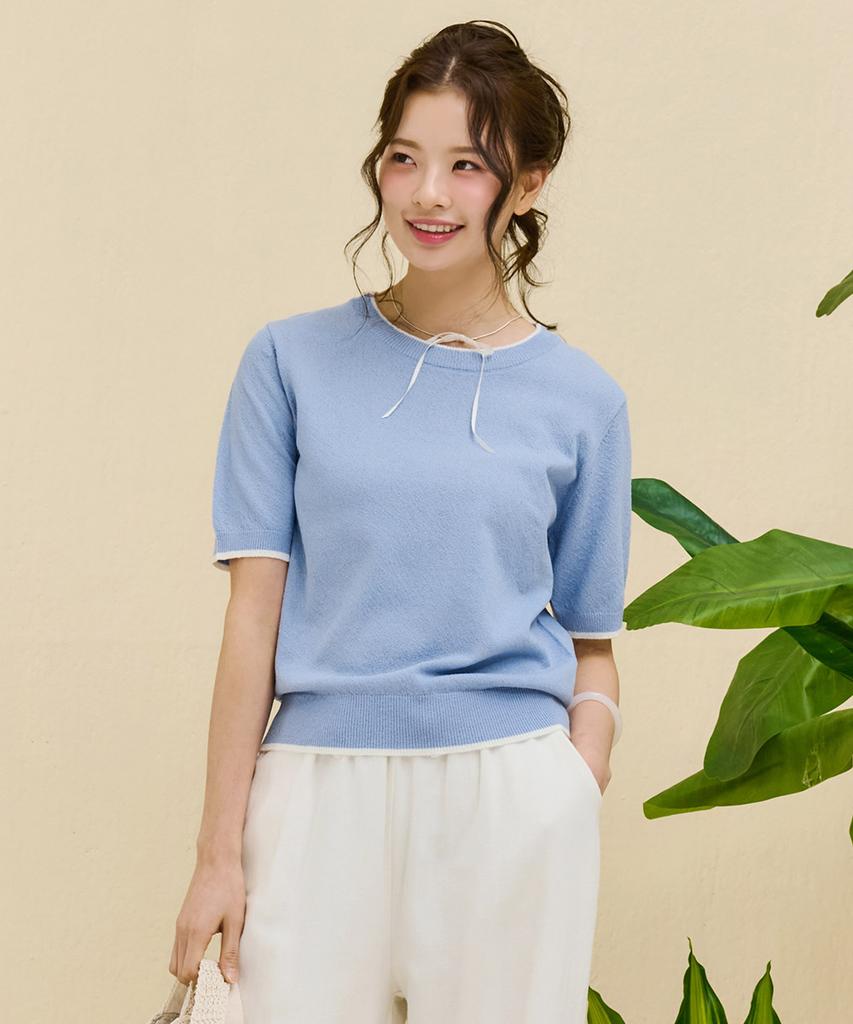 CHASECULT Women'S Crew Neck Contrast Tip Sweater - Sky Blue
