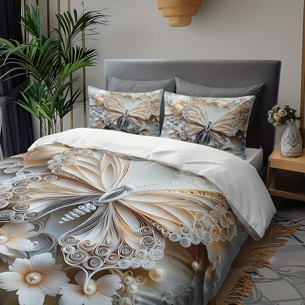 3pcs Champagne Bedding Set Butterfly Flower Printed Cozy Duvet Cover Set King Queen Twin Single Size Birthday Gift Bedroom Decor