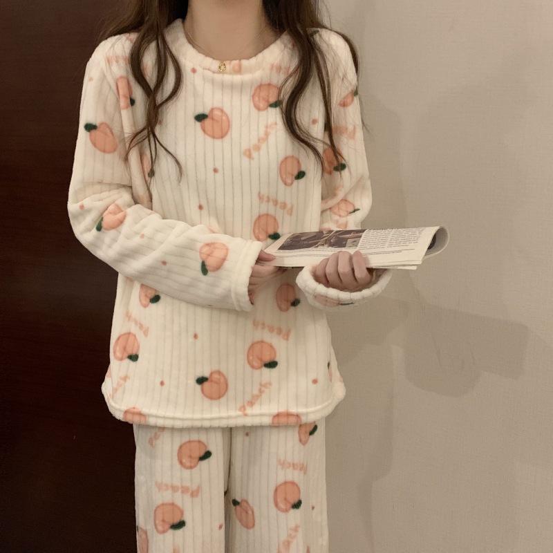 Фланелевые пижамы с принтом, женские зимние теплые милые костюмы для девочек, утепленная домашняя одежда больших размеров, шикарный костюм из двух предметов