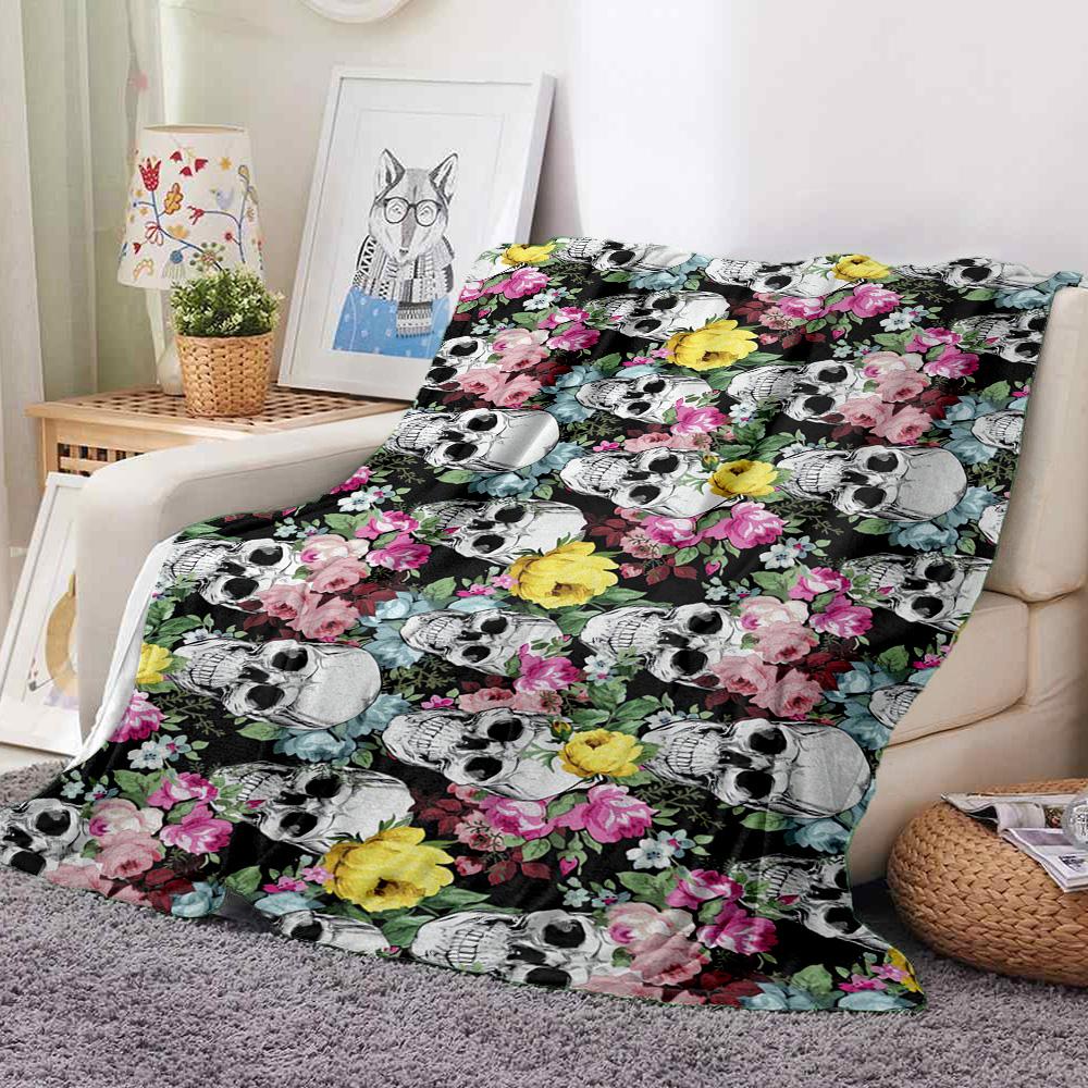 Skulls Flowers Flannel Blanket Throw Blanket Soft Warm Sofa Bed Camping home Decor Unique Christmas Gift C926209