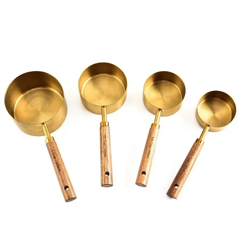 Stainless Steel Measuring Spoon Cup Wooden Handle Measuring Cup Coffee Beans Spoon Milk Powder Scoop Baking Tool Kitchen Gadgets