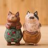 Handmade Cute Cat Wood Carving Ornaments,Painted Wooden Cat Figurines,Wood Cute Cat Desktop Decoration,Lucky Cat Sculpture