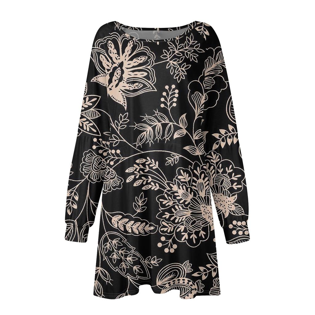 Модное женское платье трапециевидной формы с длинным рукавом. Осенний повседневный пуловер с круглым вырезом. Свободное платье с карманами.