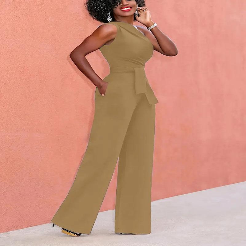 Женский комбинезон, однотонный укороченный топ с косым воротником, прямые брюки с поясом, сексуальные свободные брюки без рукавов, элегантные очаровательные комбинезоны