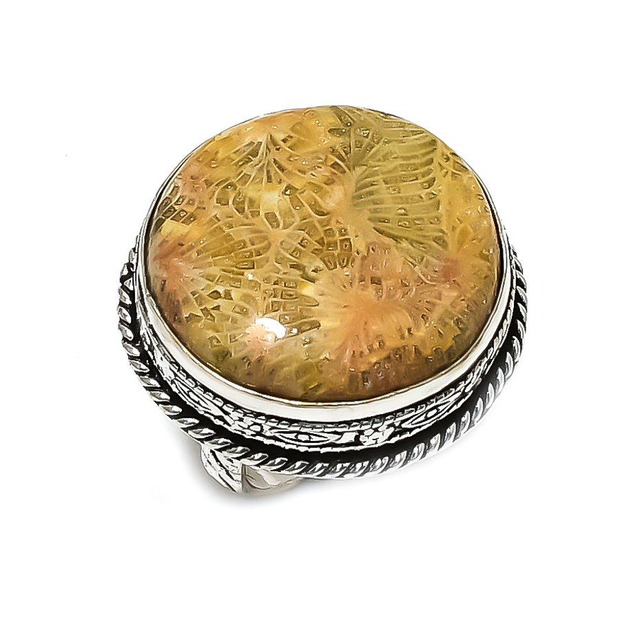 Кольцо из серебра 925 пробы с драгоценным камнем из ископаемого коралла, размер 8, b9F23