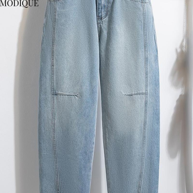 MODIQUE 2025 New Plus Size Summer Women's Loose Casual Straight Wide Leg Sickle Denim Long Pant Ladies Elastic Solid Color Blue Jeans