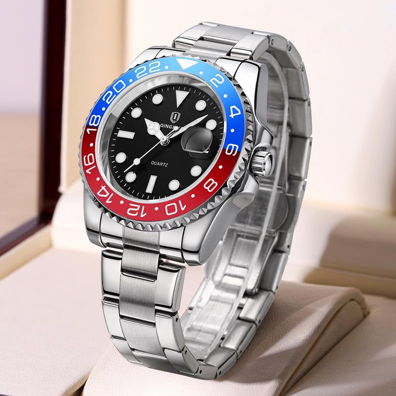 Qingxiya Colorful Sea Ghost Men's Stainless Steel Luminous Quartz Watch with Calendar and Waterproof Features