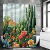 Tropical Cactus Design Shower Curtain, Succulent, Green Cactus Flower, Desert Landscape, Modern, Bohemian, Polyester, with Hooks