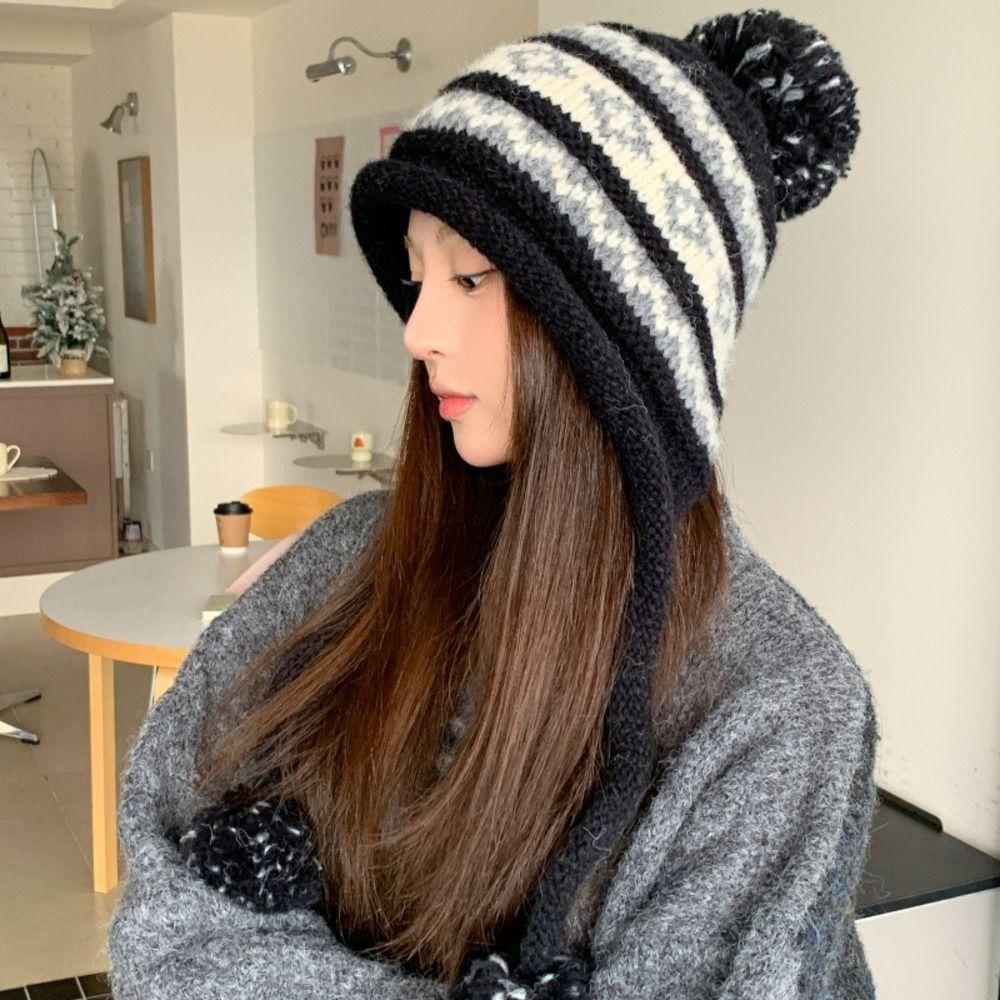 with Pom Pom Knit Earflap Hat Cold Proof Outdoor Fall Winter Hat Warm Knit Beanie Women