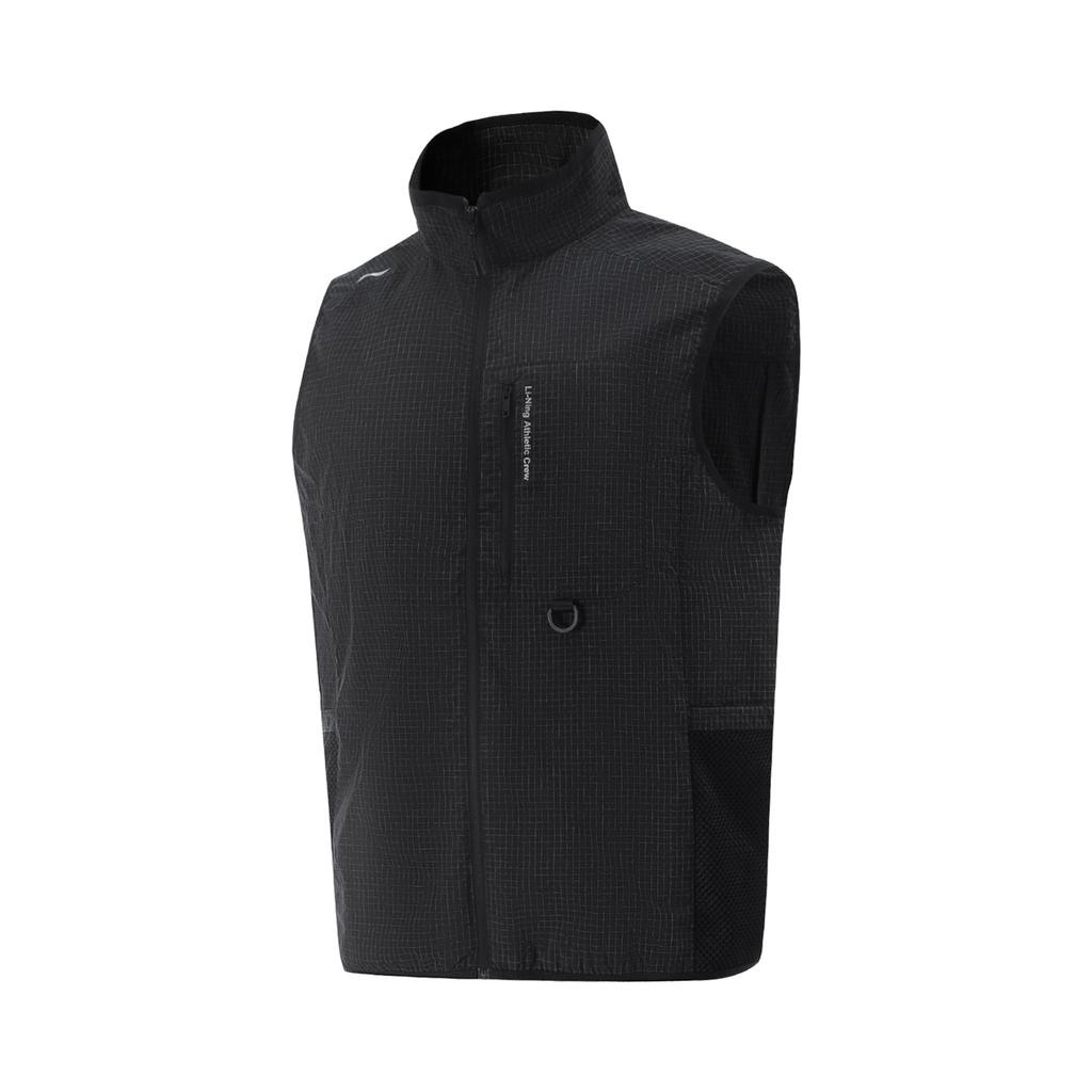 Li Ning Удобный клетчатый жилет с воротником-стойкой на молнии, простой, универсальный, свободный, дышащий, мужской, черный AMDV083-1
