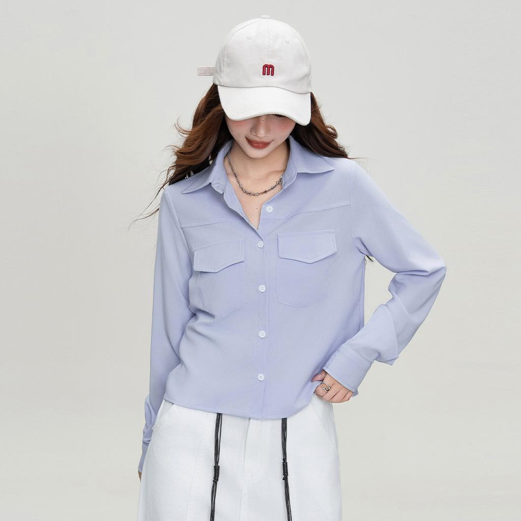 2025 Autumn Solid Color Casual Shirt Women's Fashion Versatile Loose Long Sleeve Short Top