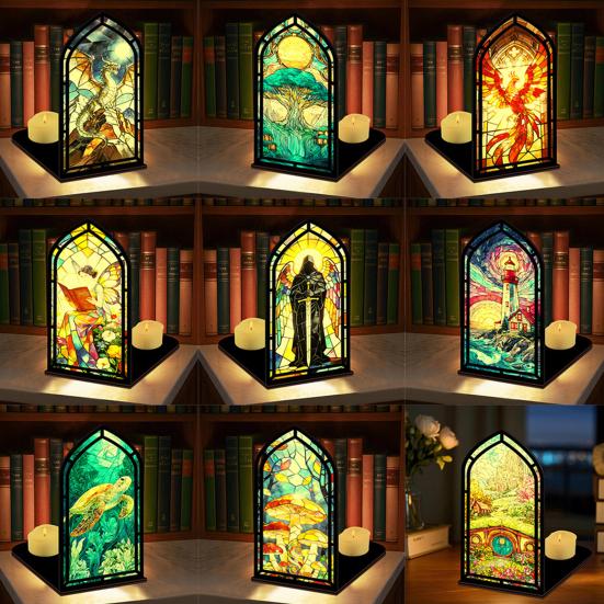 Gothic Book Nook Suncatcher Stained Glass Candle Holder Window Bookshelf Insert Diorama for Library Decor Bookish Gifts for Readers Book Lovers