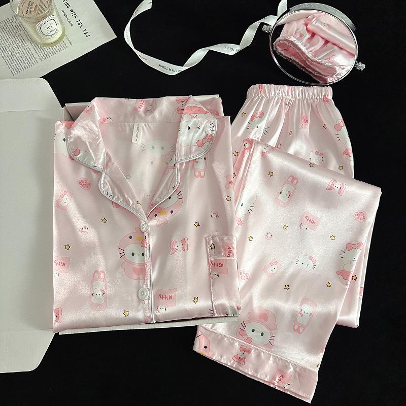 Korean version of the new spring and autumn long-sleeved ice silk pajamas for women, loose and thin cartoon loungewear, student silk suit for women
