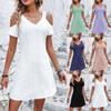 Women's Casual V Neck Short Sleeve Off Shoulder Dress Summer Fashion Slim Fit Solid Dress Ladies Hollowed Breathble Dress