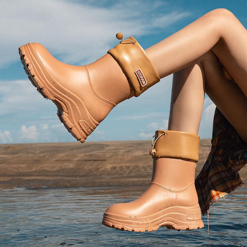 High-end women's rain boots medium and short tube outer wear versatile comfortable waterproof shoes thick sole heightening water shoes adult