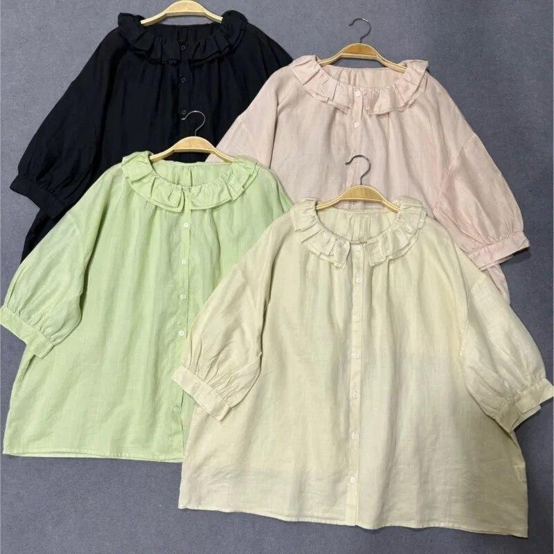 Johnature Летние японские женские рубашки с оборками и воротником, винтажные повседневные однотонные блузки с половиной рукавов