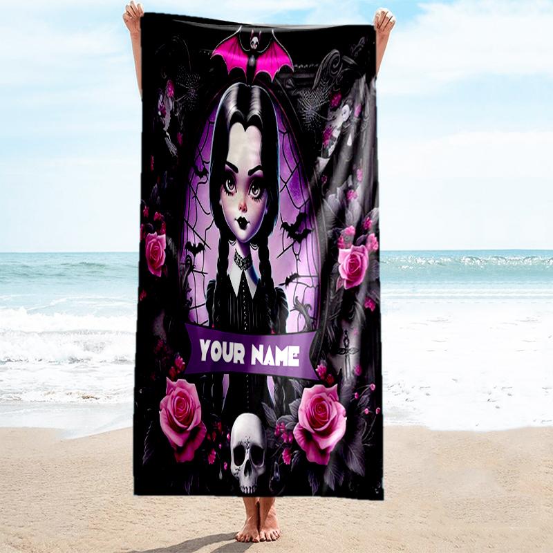 1PC Custom Name Gothic Halloween Portrait Beach Towel Highly Absorbent And Sand-Resistant Towel for Swimming, Pool, Yoga, And Travel Lightweight
