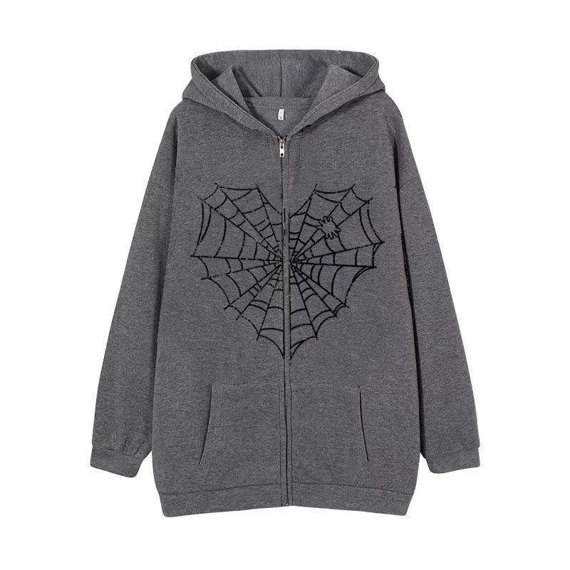 Colorful Spider Web Print Zip Up Hoodie Loose Fit Streetwear Y2K Couple Outerwear