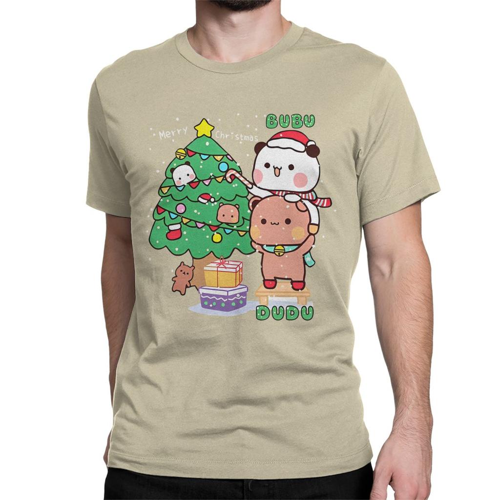 Bubu Dudu Рождественская Панда Пара Мужская Женская Футболка Милые Рождественские Хипстерские Футболки Футболка с Круглым Вырезом Чистый Хлопок Подарок на День Рождения Одежда