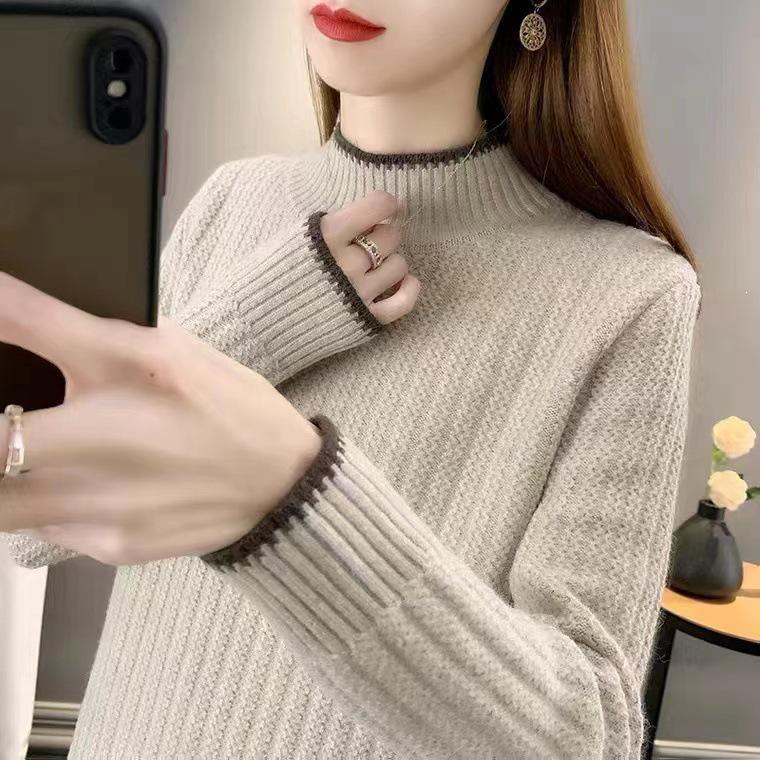 Vintage Color Block Knit Sweater: Women's Loose Long Sleeve, Half High Neck with Contrast Edges for Autumn and Winter