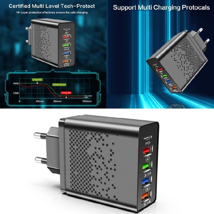 Зарядная станция на 5 портов с технологией быстрой зарядки PD48W, 4 USB 3.1 интерфейса, компактный дизайн для путешествий