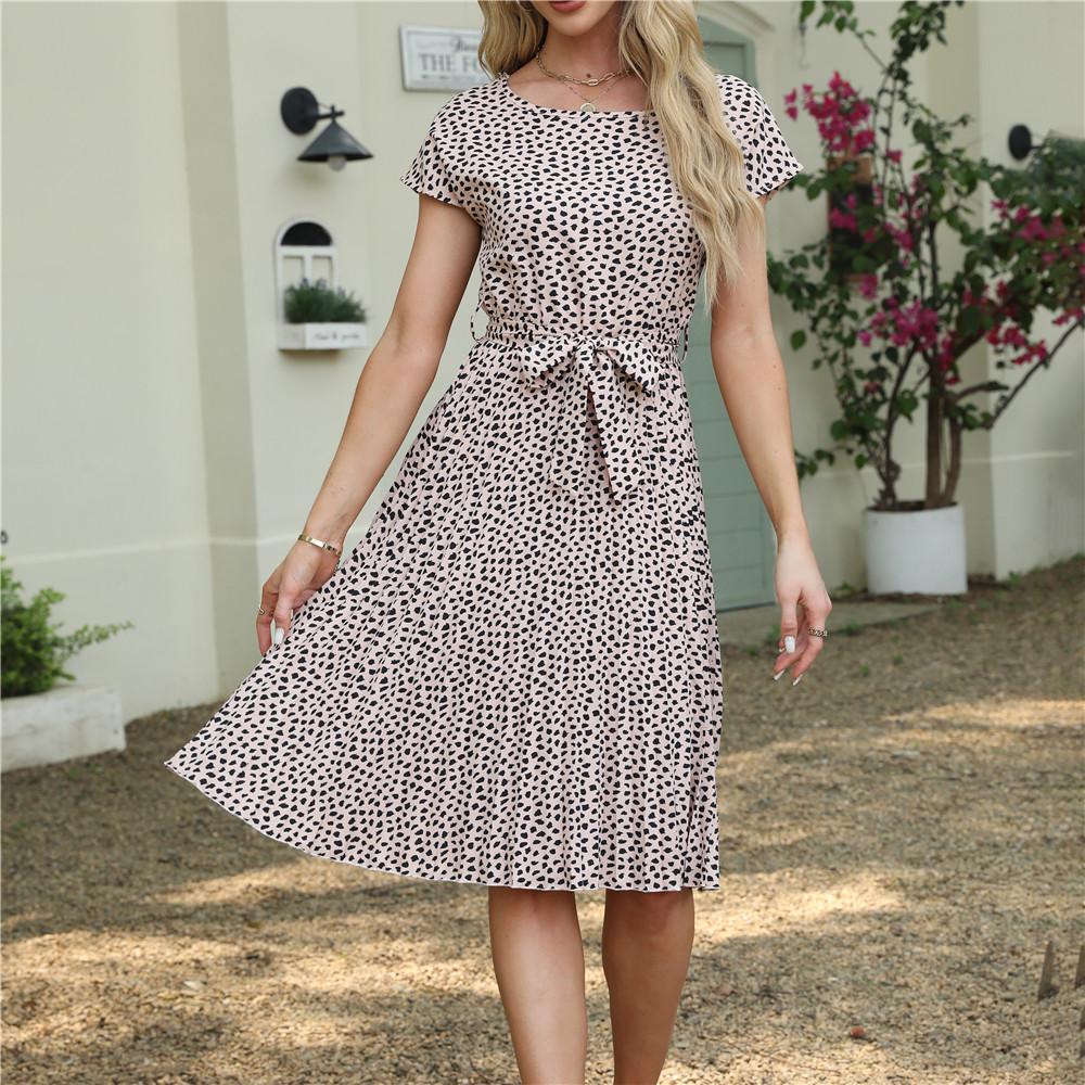 Женское леопардовое вишневое кружевное плиссированное платье весна-лето средней длины с коротким рукавом