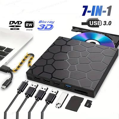 Внешний CD/DVD-привод 7-в-1 USB 3.0 Type C Портативный DVD-плеер Записывающее устройство CD Внешний дисковод для настольного компьютера Mac Windows Linux