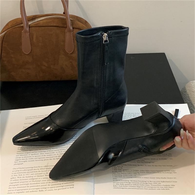 Eilyken High Quality Design Splicing Pointed Toe Zipper Women Ankle Boots Fashion Square Heels Short Booties Shoes