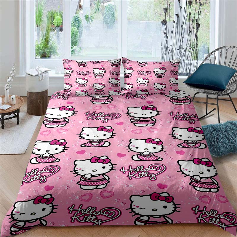 3D printed Hello Kitty duvet cover and pillowcase bedding set, available for single, double, and king-size beds, suitable for