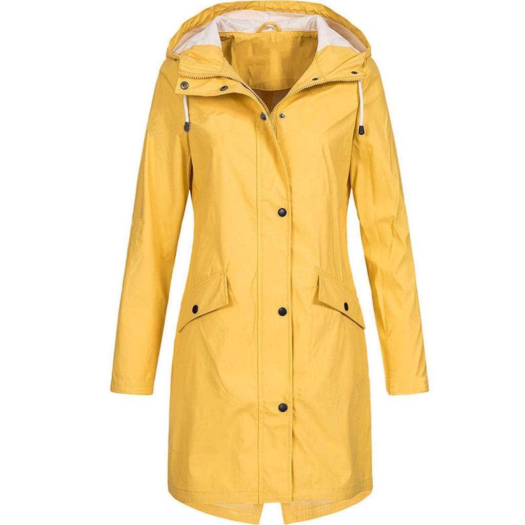 EAR Women Solid Rain Outdoor Plus Size Hooded Raincoat Windproof Long Jacket Coat