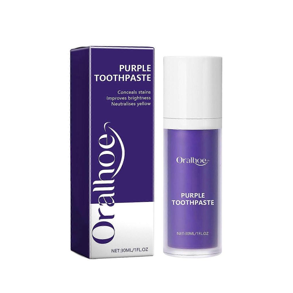 Purple teeth whitening toothpaste deep cleans tartar, tooth stains, oral odor,